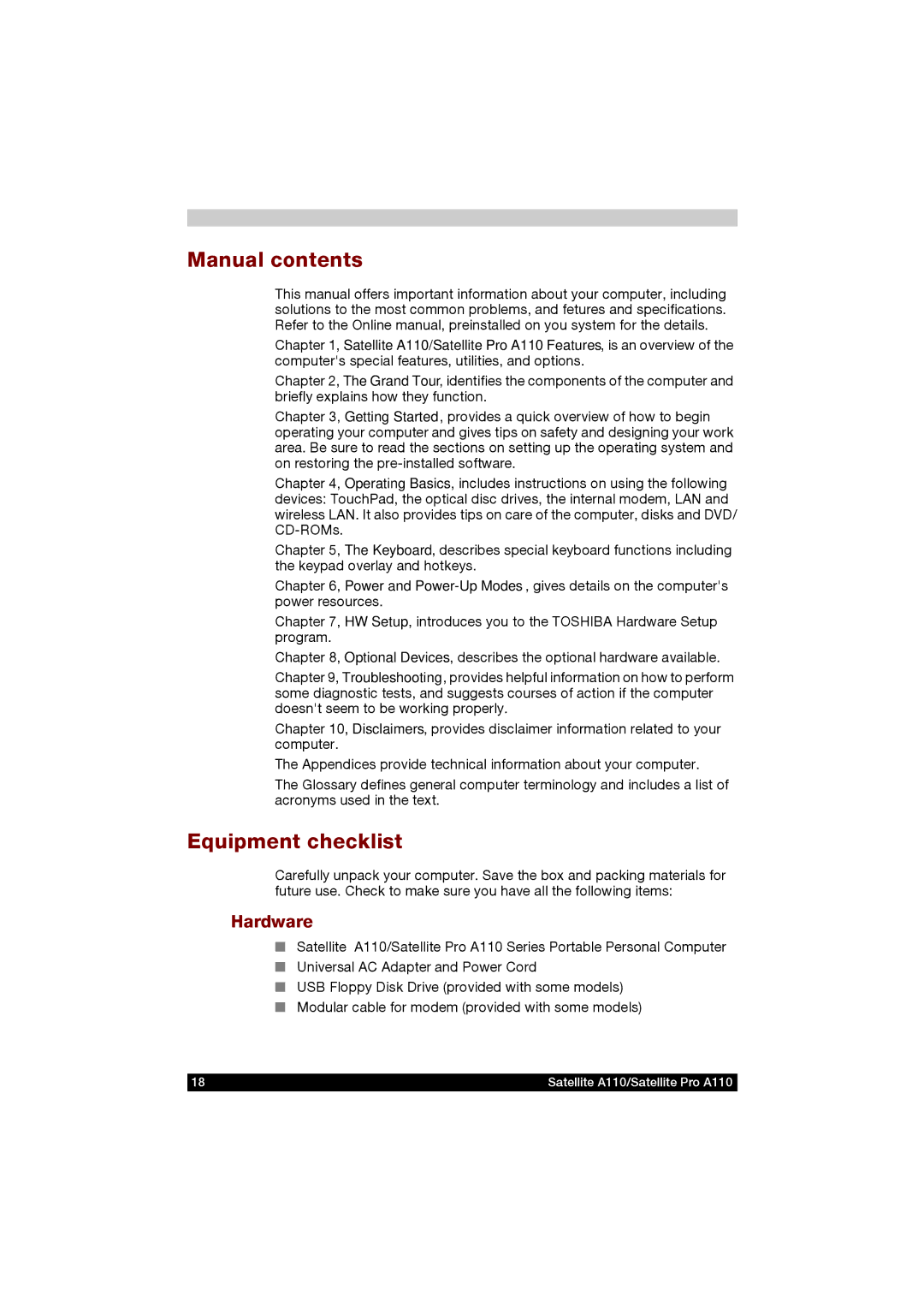 Toshiba A110 user manual Manual contents, Equipment checklist 