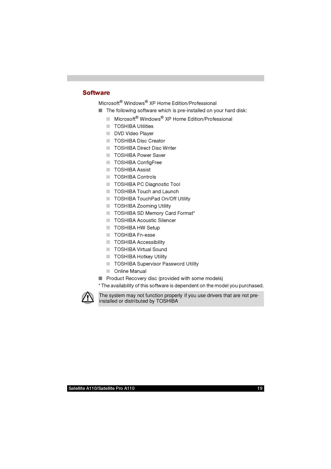 Toshiba A110 user manual Software 