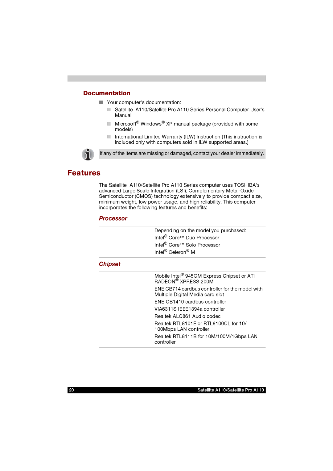 Toshiba A110 user manual Features, Documentation, Processor, Chipset 