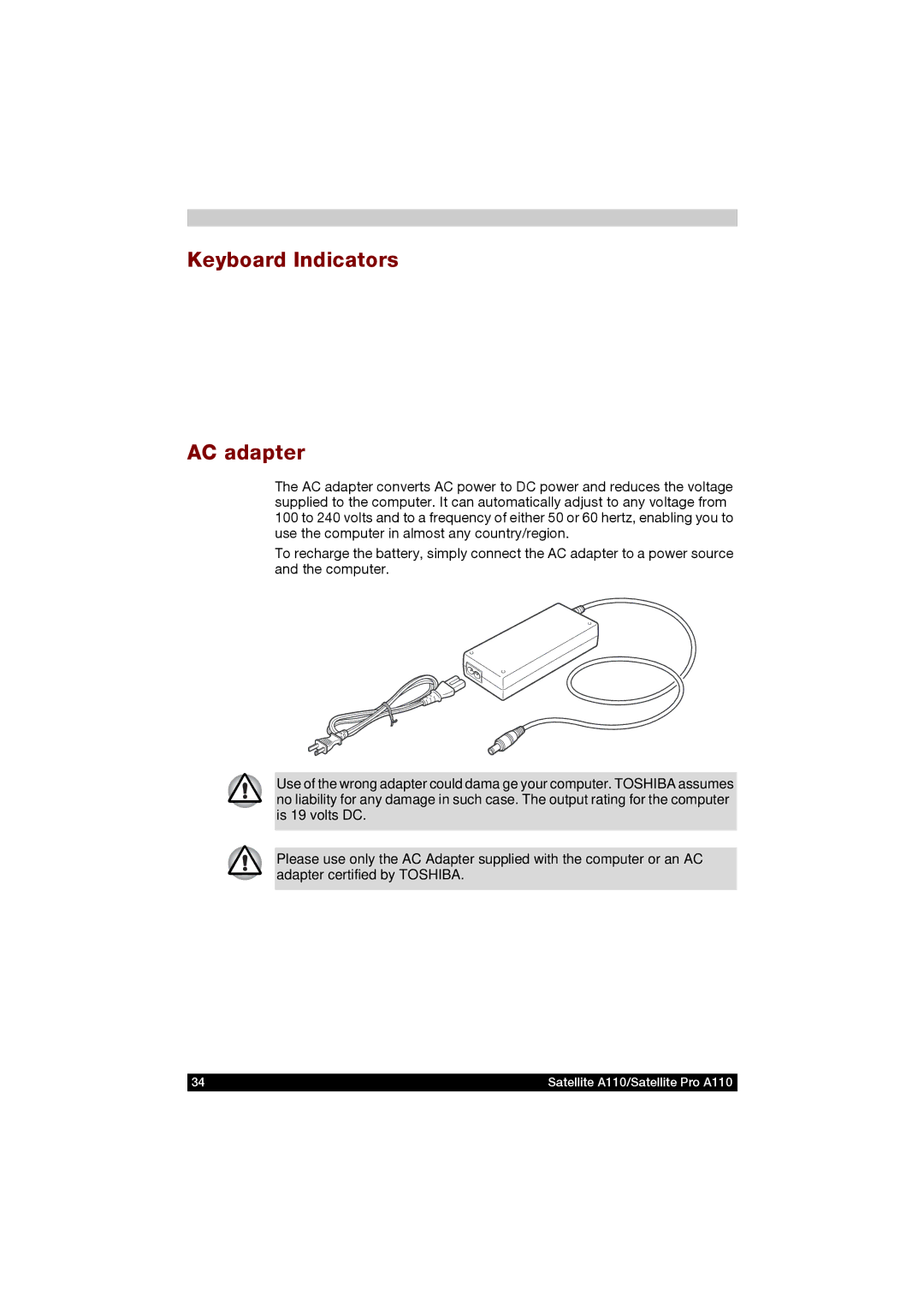 Toshiba A110 user manual Keyboard Indicators AC adapter 