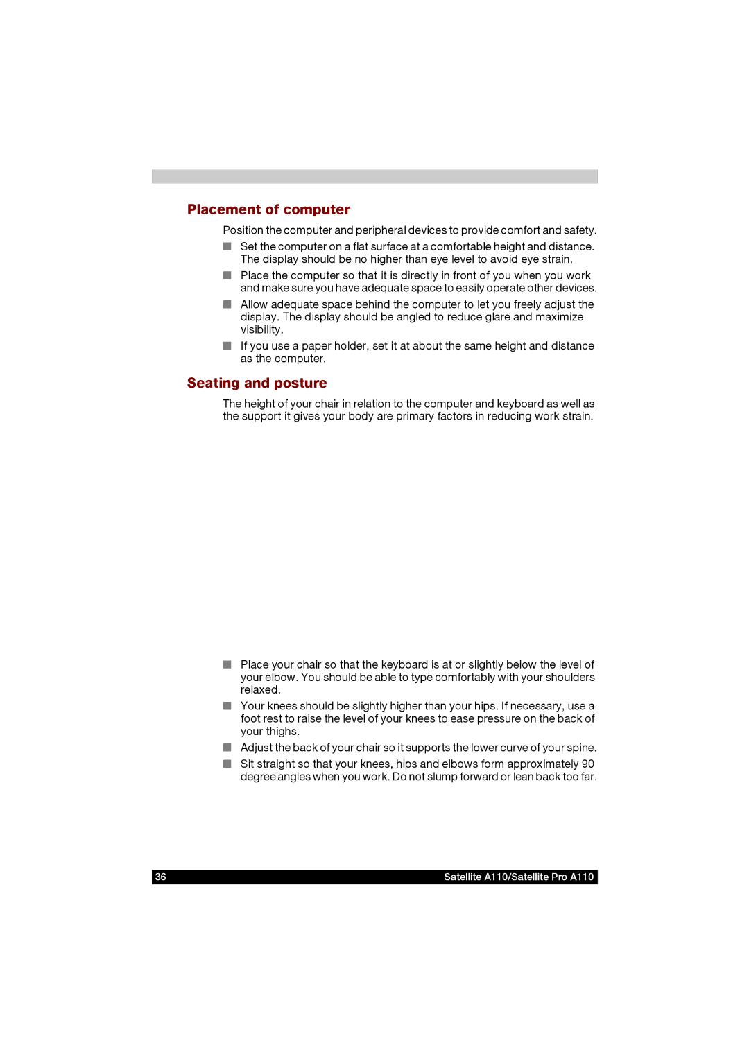 Toshiba A110 user manual Placement of computer, Seating and posture 