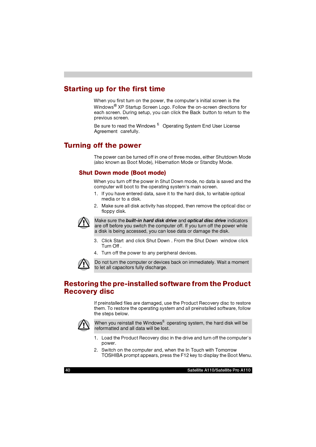 Toshiba A110 user manual Starting up for the first time, Turning off the power, Shut Down mode Boot mode 