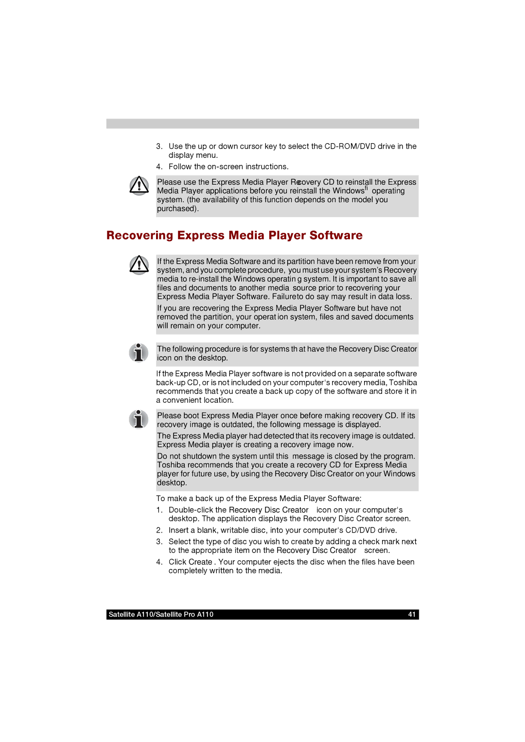 Toshiba A110 user manual Recovering Express Media Player Software, To make a back up of the Express Media Player Software 