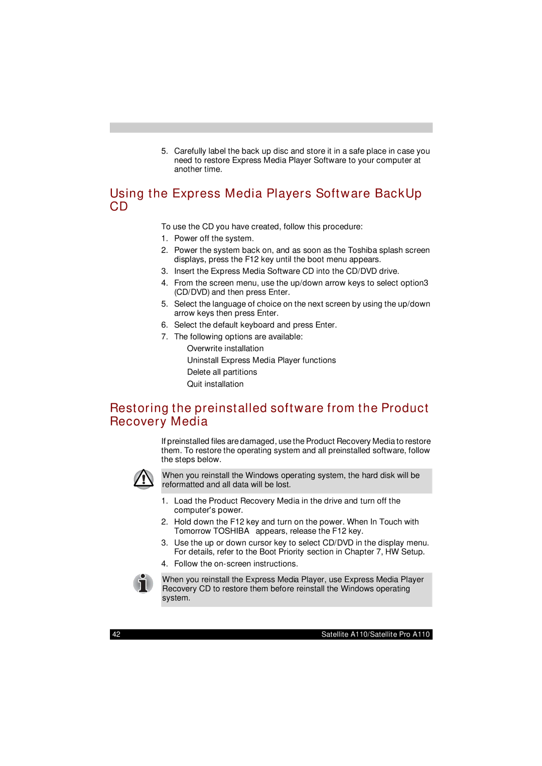 Toshiba A110 user manual Using the Express Media Players Software BackUp 