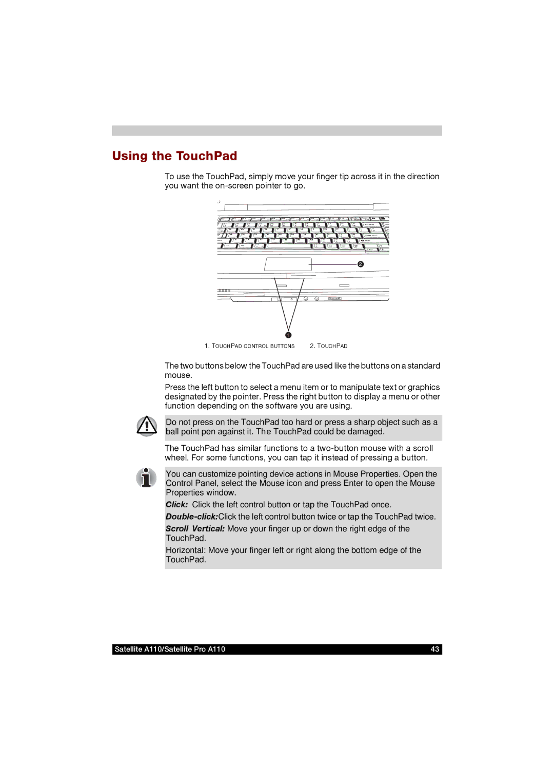 Toshiba A110 user manual Using the TouchPad 