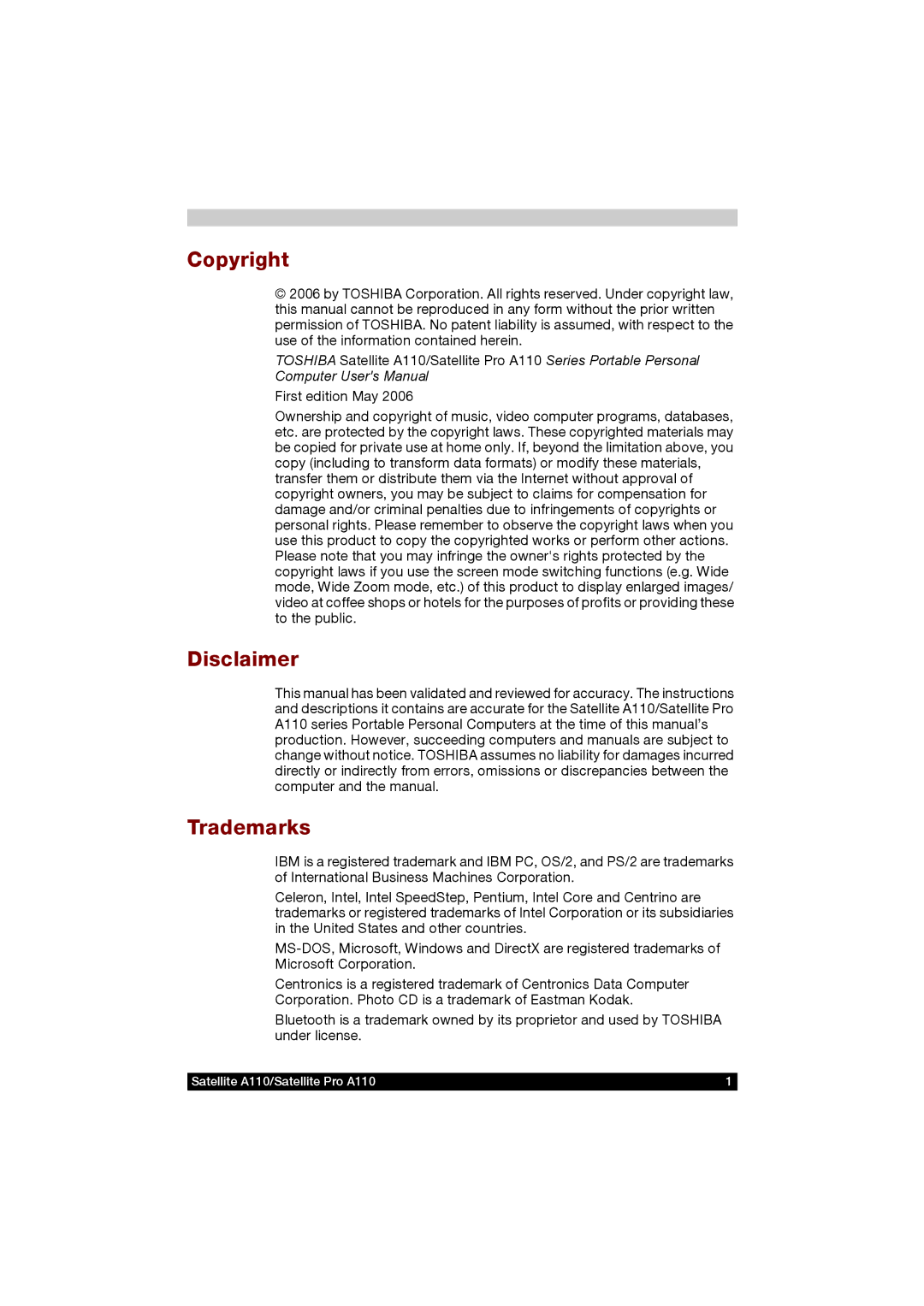 Toshiba A110 user manual Copyright, Disclaimer, Trademarks 