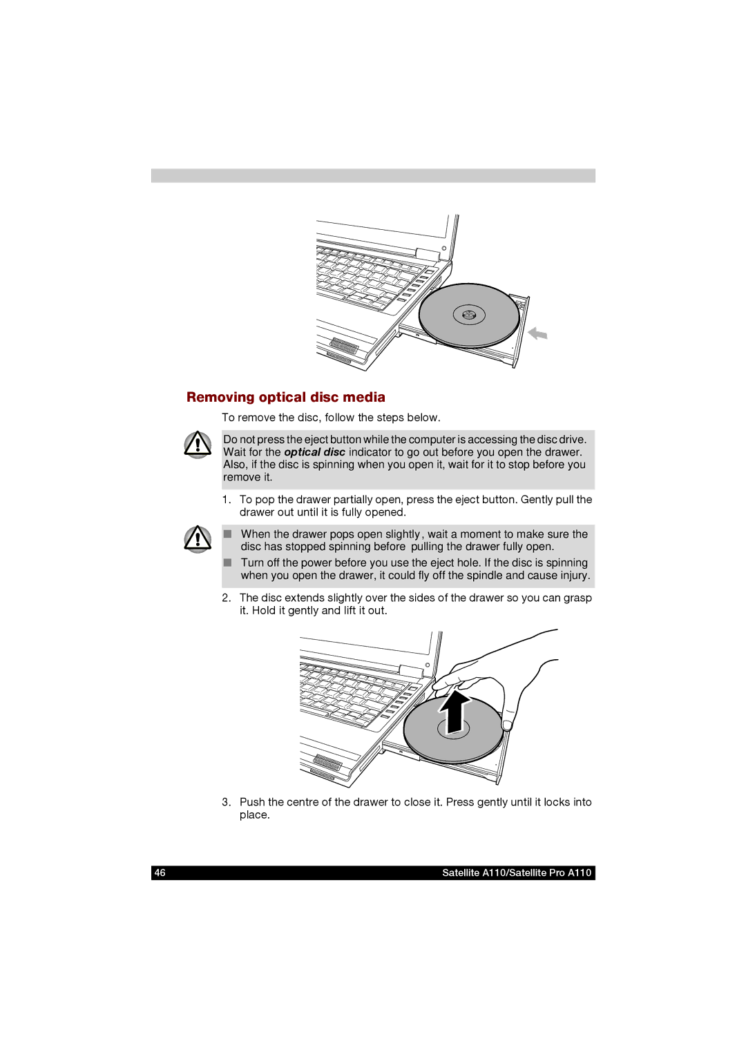 Toshiba A110 user manual Removing optical disc media 