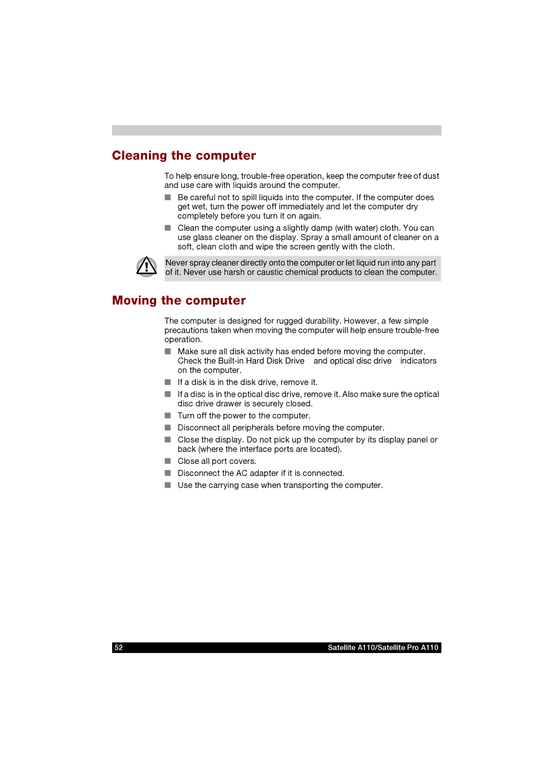 Toshiba A110 user manual Cleaning the computer, Moving the computer 