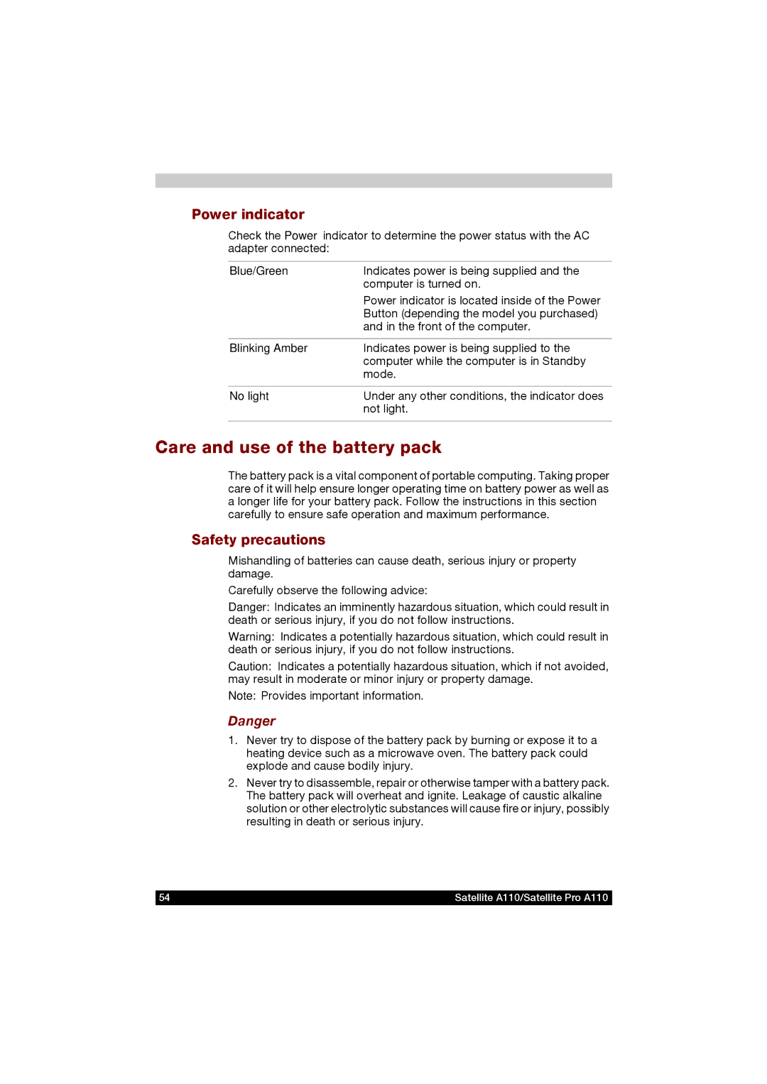 Toshiba A110 user manual Care and use of the battery pack, Power indicator, Safety precautions, Blinking Amber 