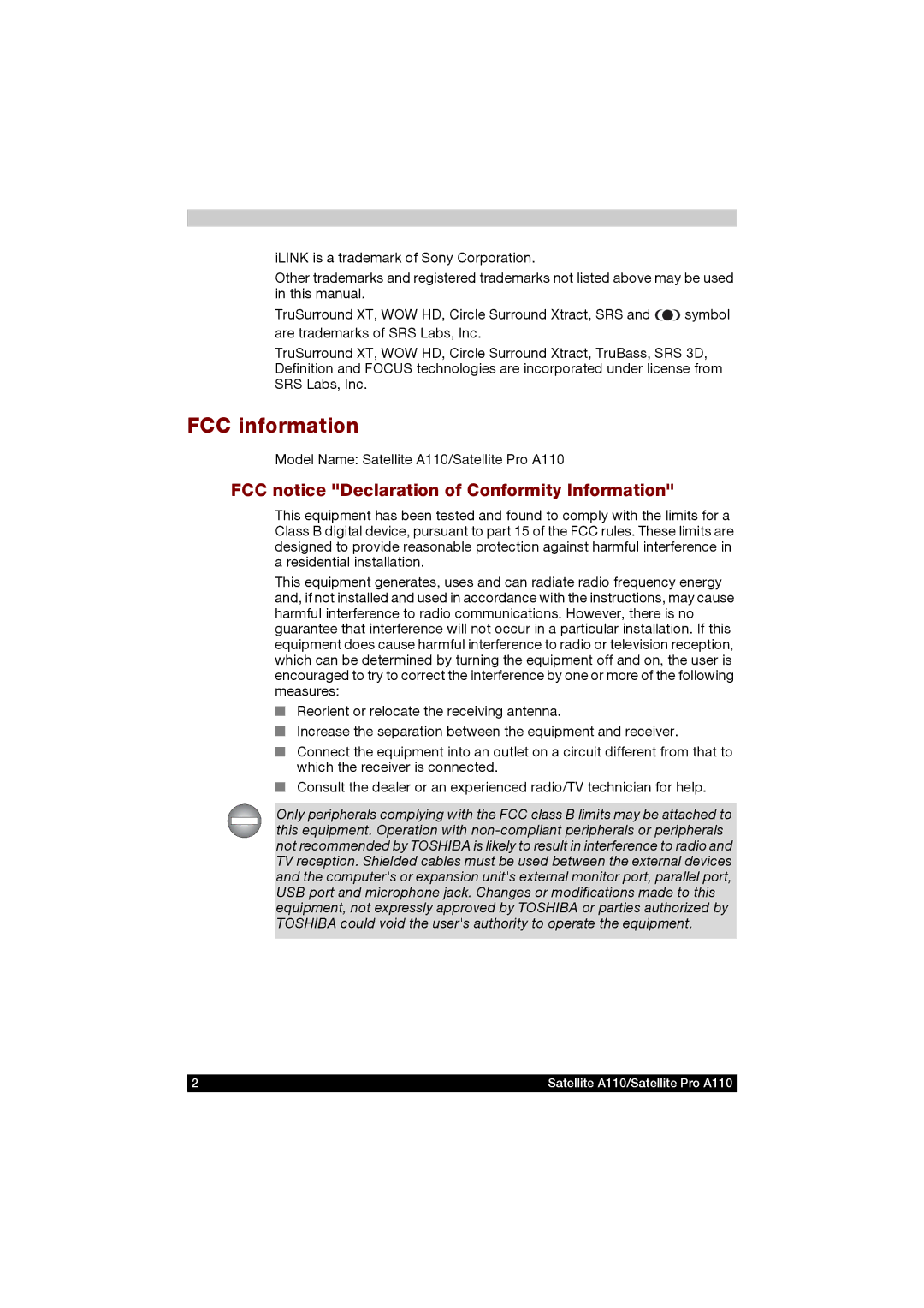 Toshiba A110 user manual FCC information, FCC notice Declaration of Conformity Information 