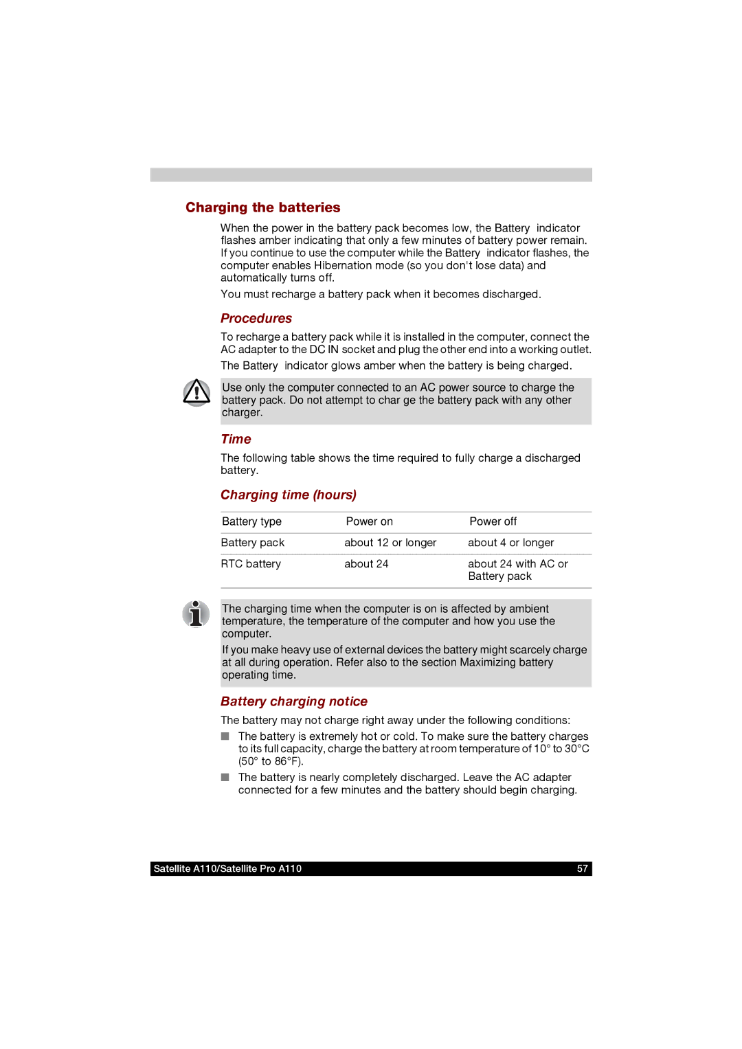 Toshiba A110 user manual Charging the batteries, Procedures, Time, Charging time hours, Battery charging notice 