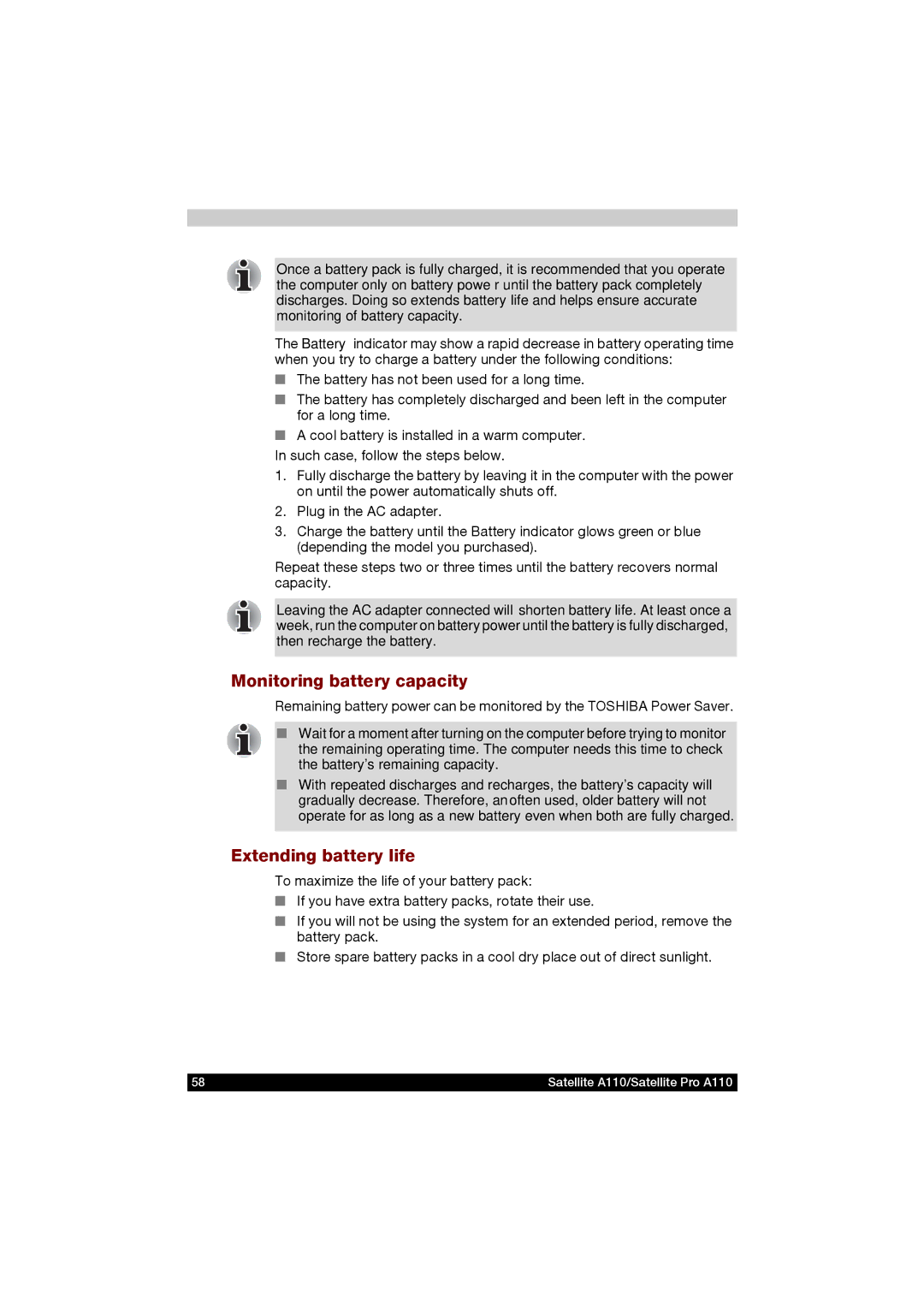 Toshiba A110 user manual Monitoring battery capacity, Extending battery life 