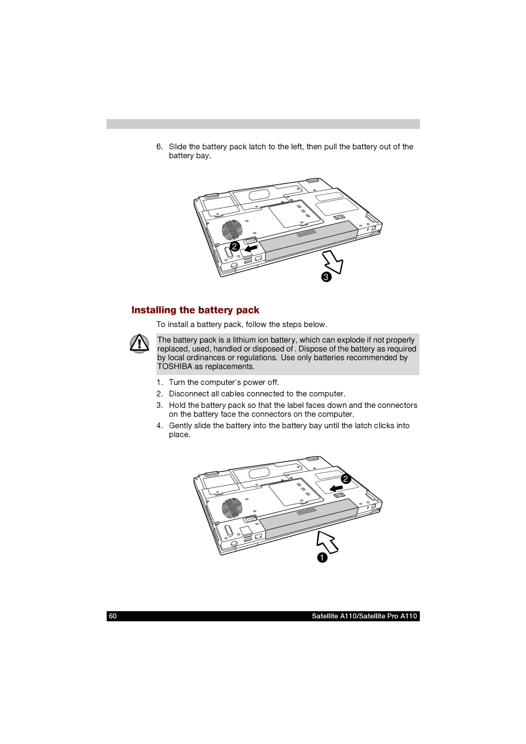 Toshiba A110 user manual Installing the battery pack 