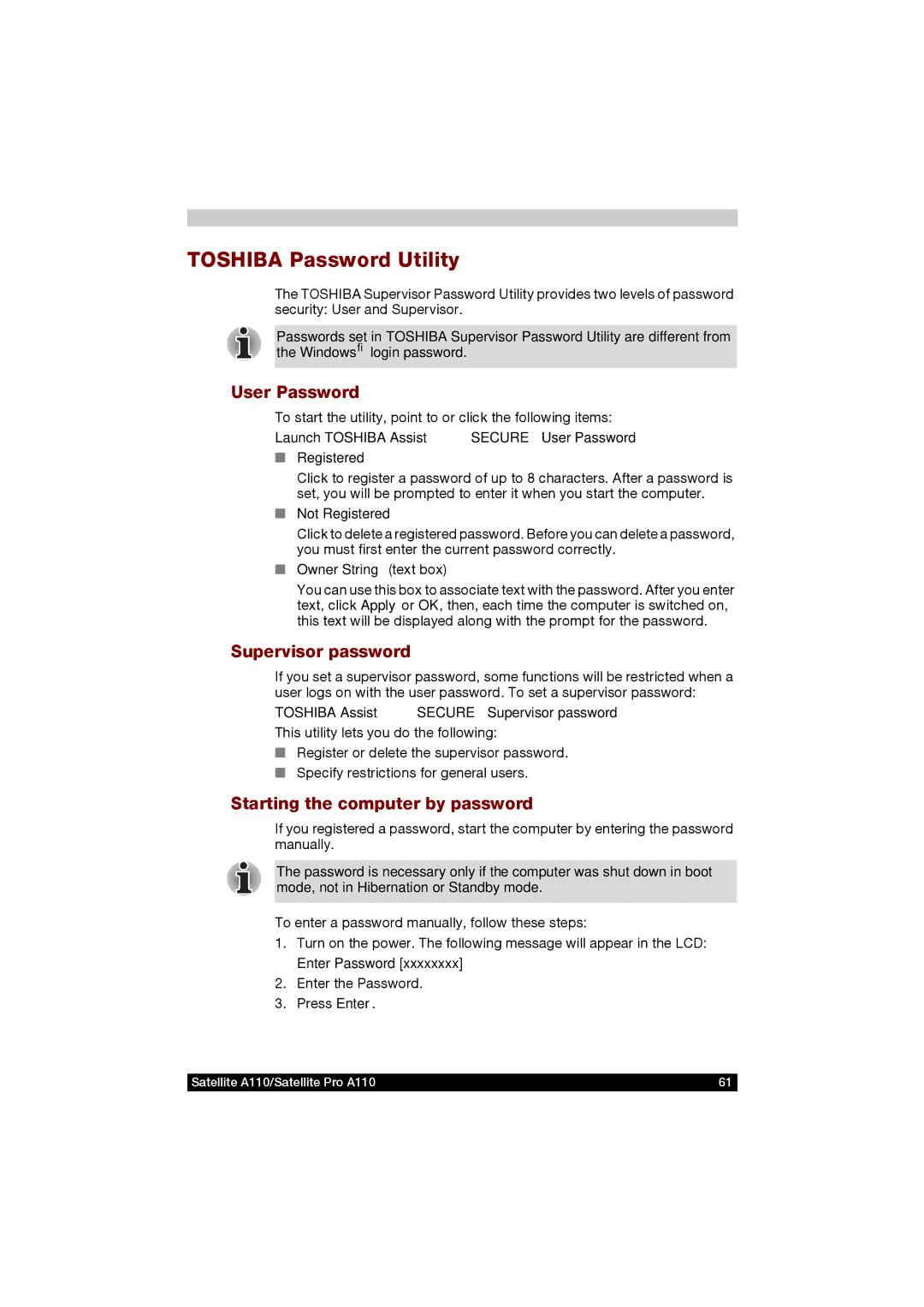 Toshiba A110 user manual Toshiba Password Utility, User Password, Supervisor password, Starting the computer by password 