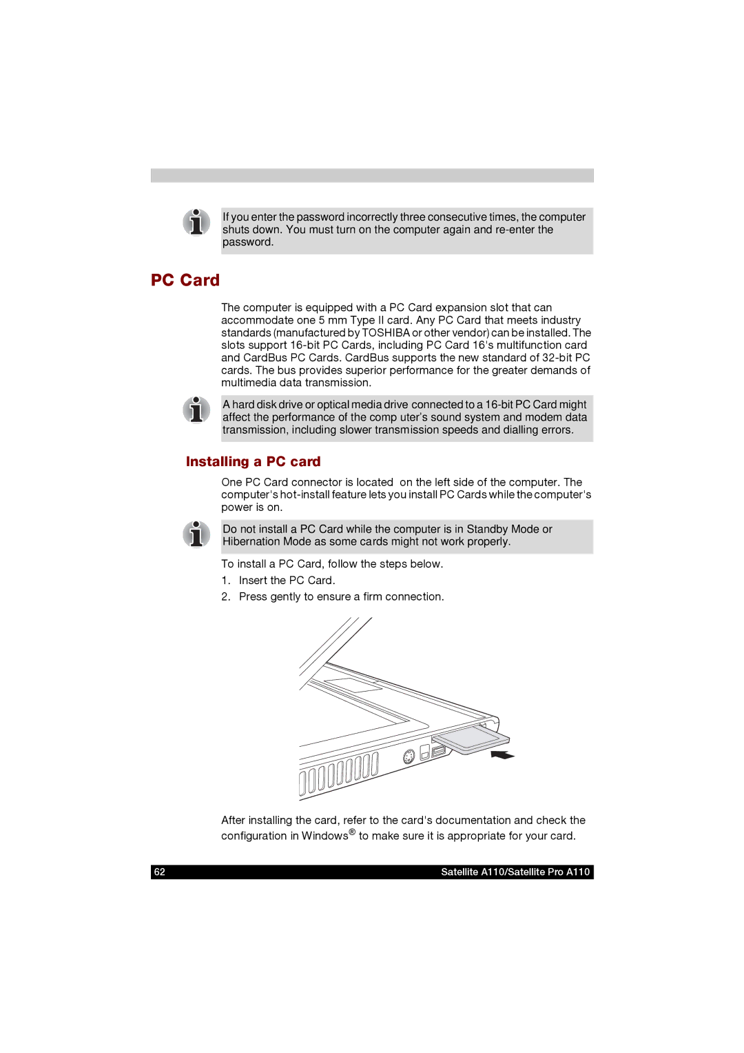 Toshiba A110 user manual PC Card, Installing a PC card 