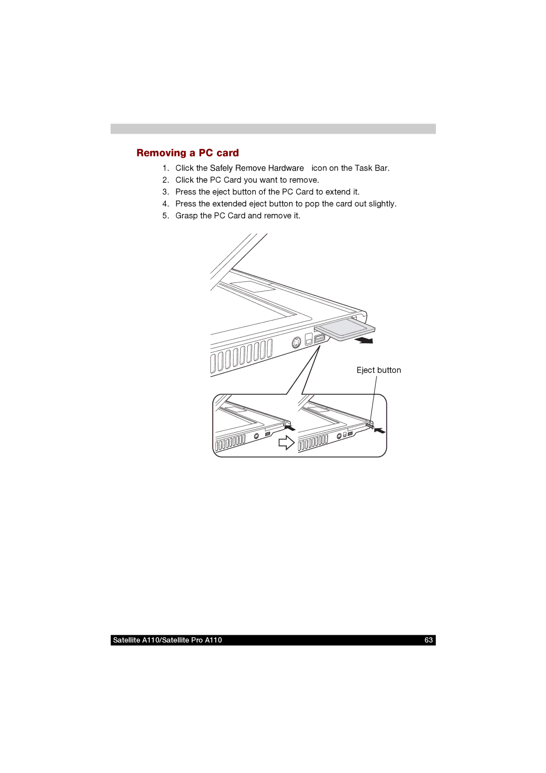 Toshiba A110 user manual Removing a PC card 