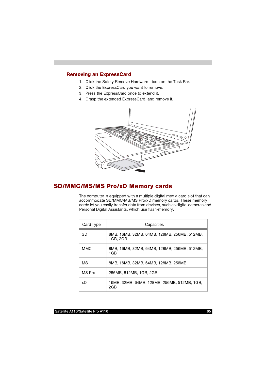 Toshiba A110 user manual SD/MMC/MS/MS Pro/xD Memory cards, Removing an ExpressCard, Card Type Capacities 