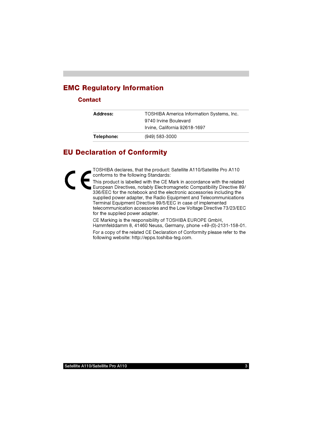 Toshiba A110 user manual EMC Regulatory Information, EU Declaration of Conformity, Contact, Telephone 