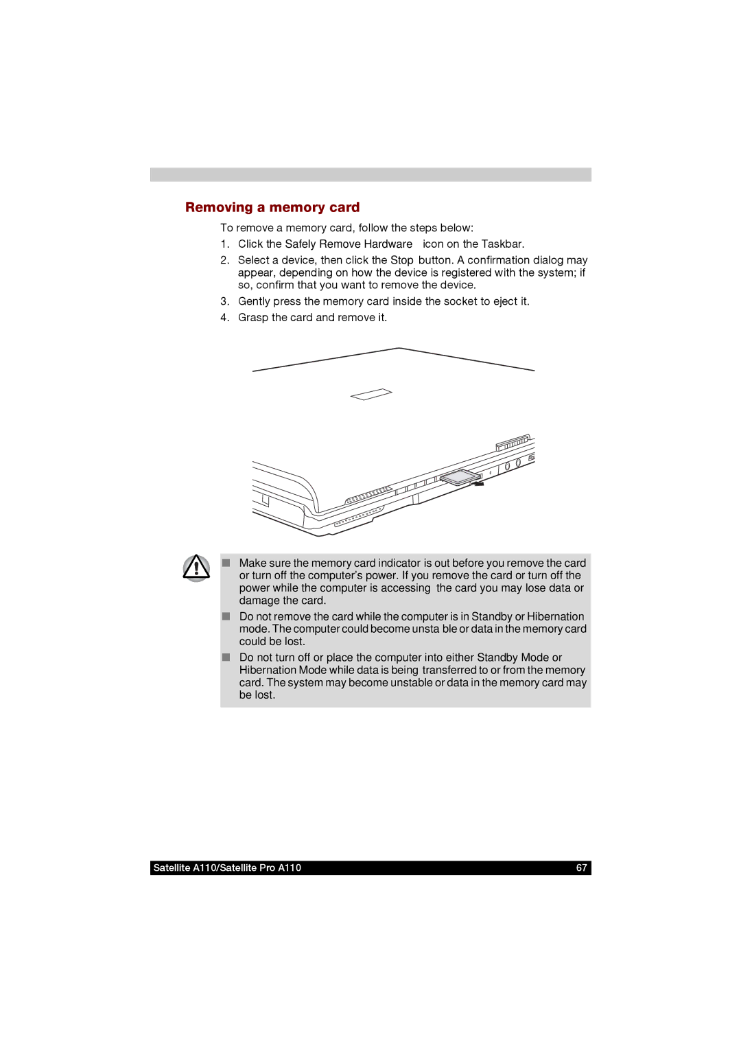 Toshiba A110 user manual Removing a memory card 