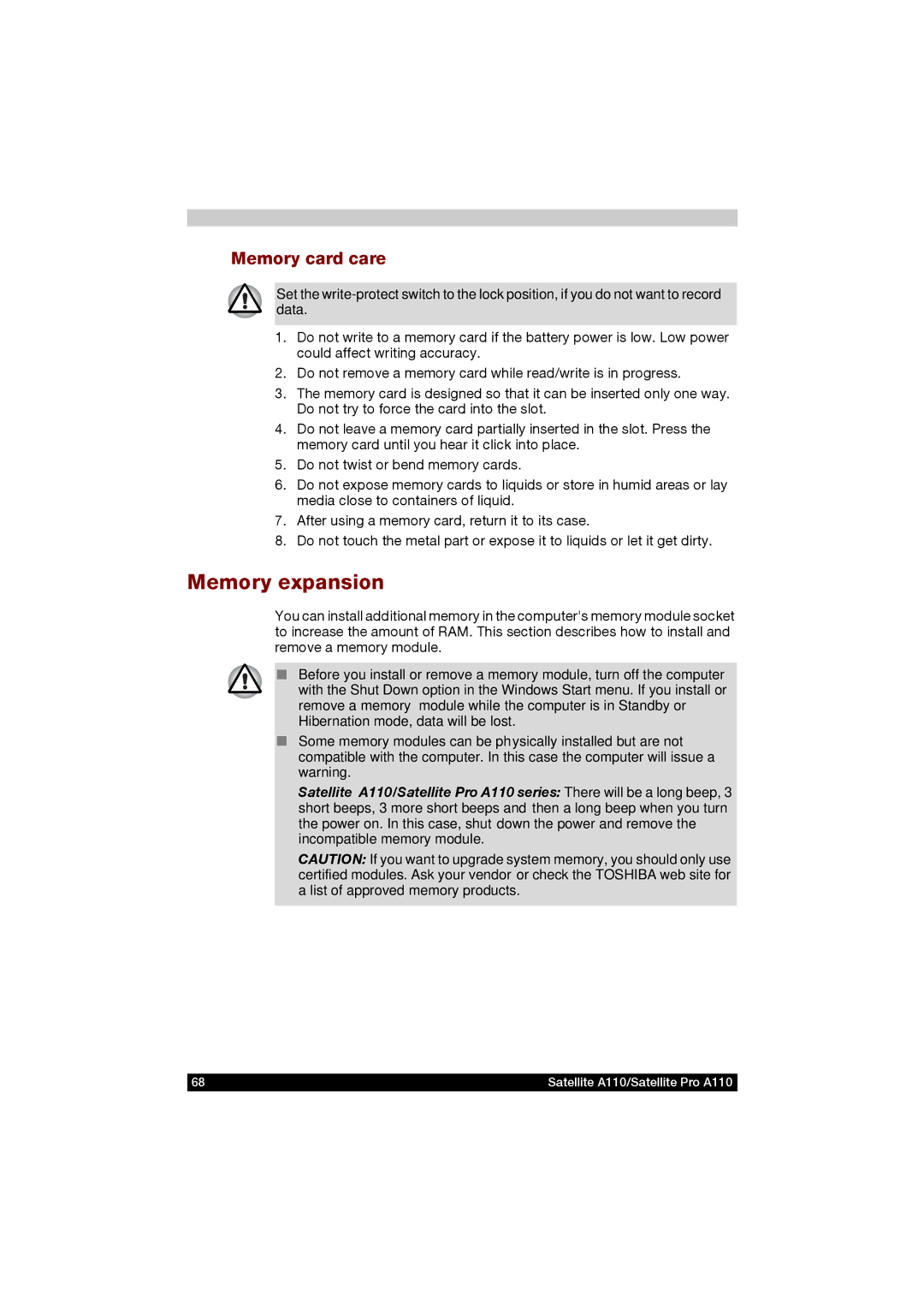 Toshiba A110 user manual Memory expansion, Memory card care 