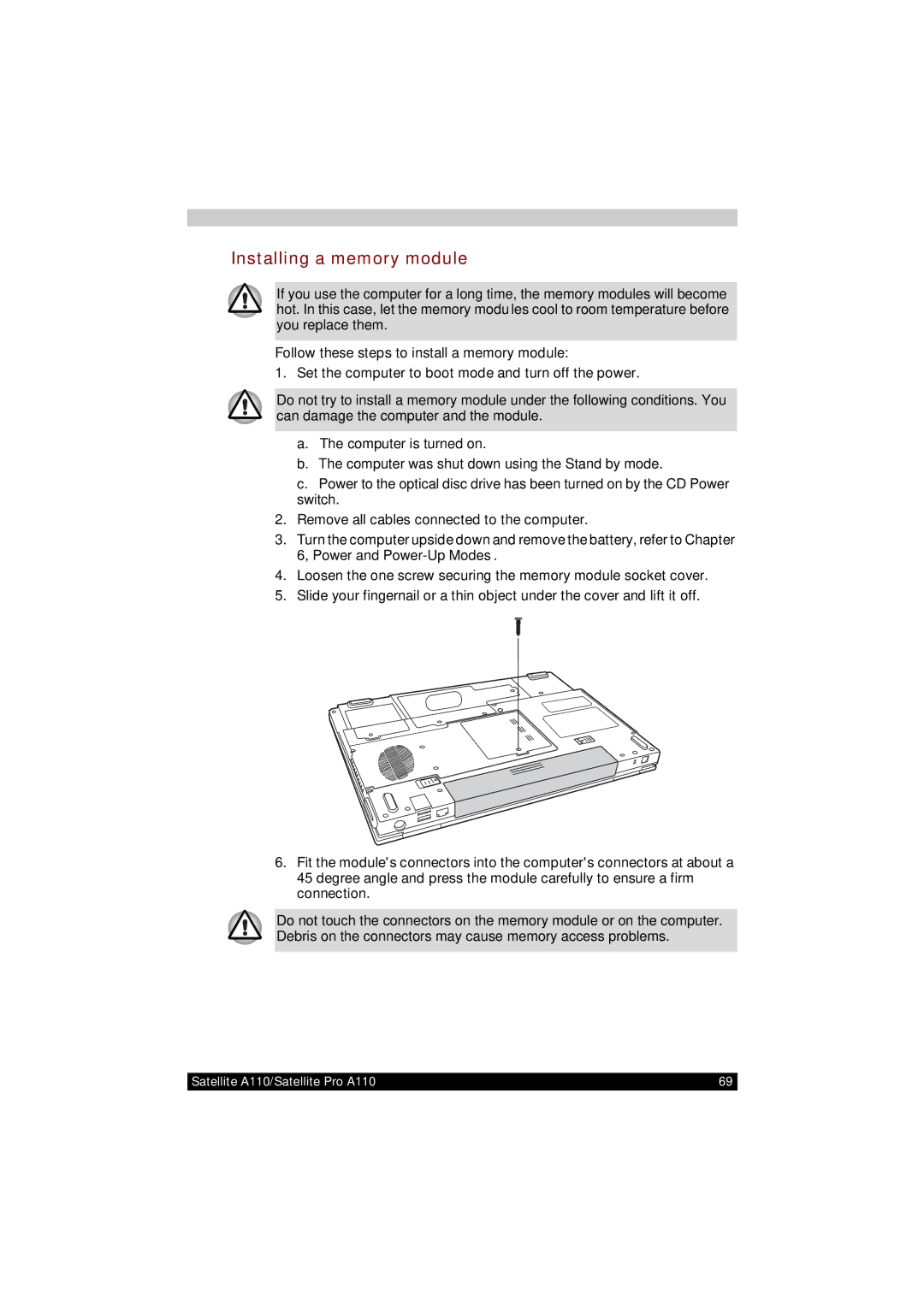 Toshiba A110 user manual Installing a memory module 