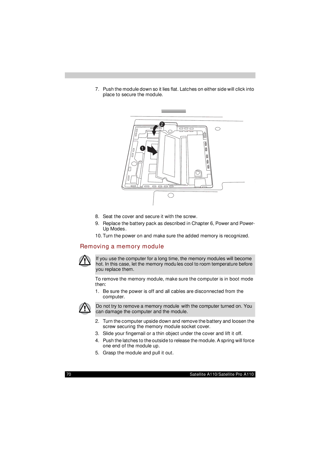 Toshiba A110 user manual Removing a memory module 