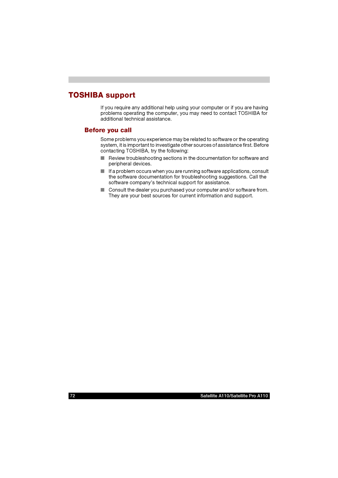 Toshiba A110 user manual Toshiba support, Before you call 