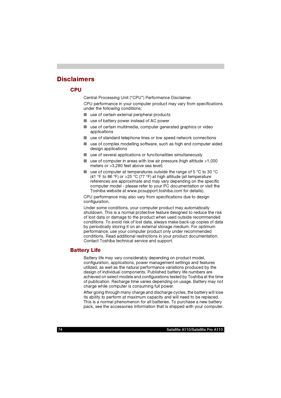 Toshiba A110 user manual Disclaimers, Battery Life 