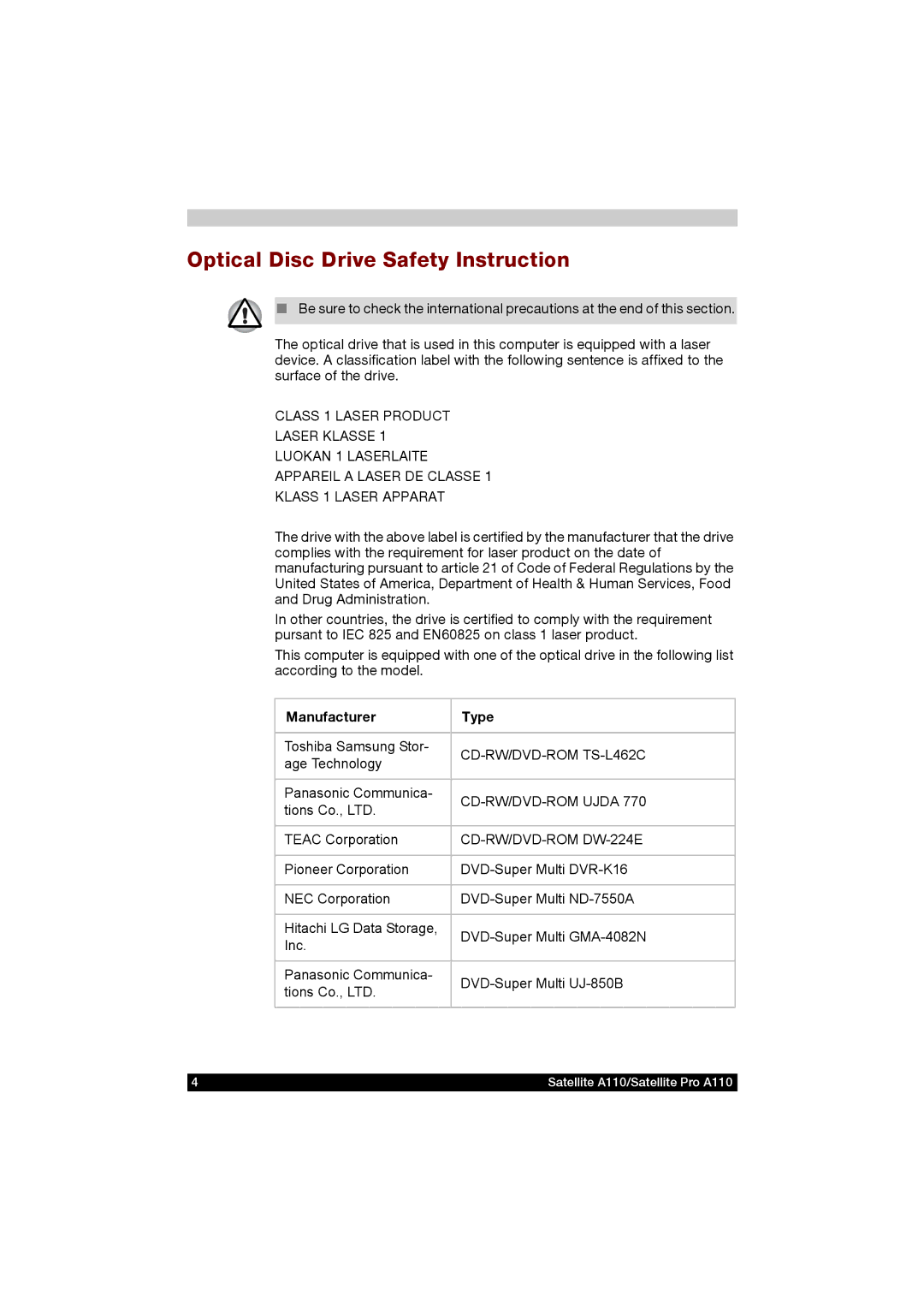 Toshiba A110 user manual Optical Disc Drive Safety Instruction, Manufacturer Type 