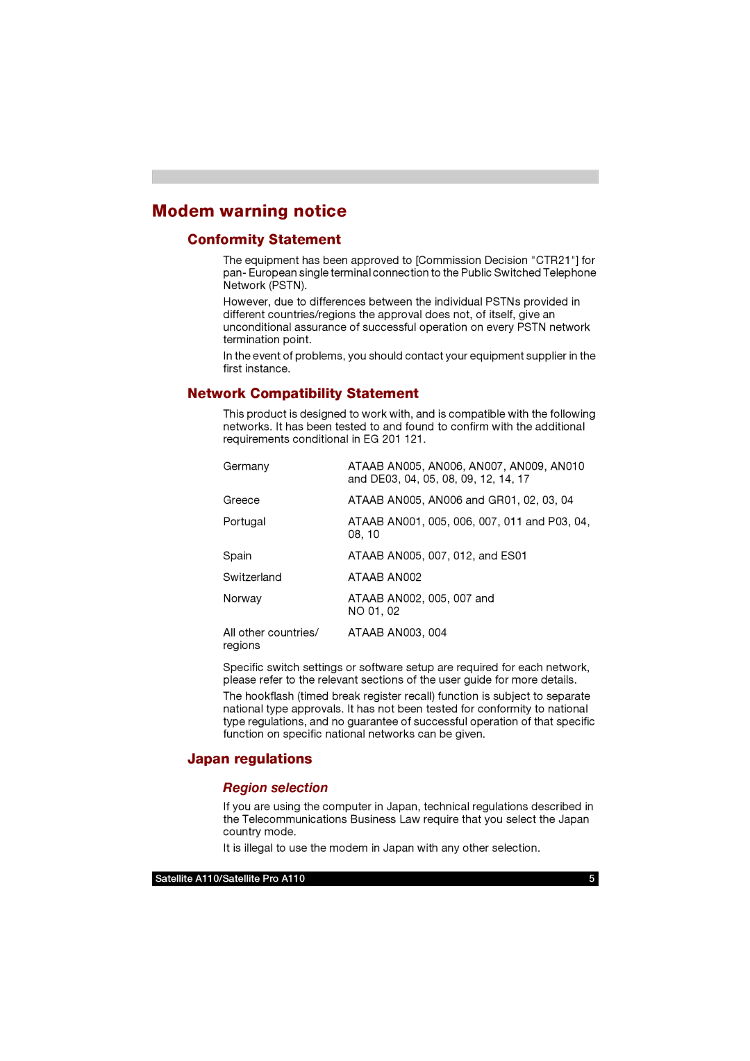 Toshiba A110 user manual Modem warning notice, Conformity Statement, Network Compatibility Statement, Japan regulations 