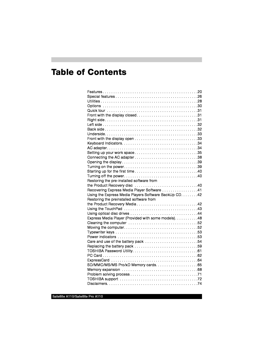 Toshiba user manual Table of Contents, Satellite A110/Satellite Pro A110 