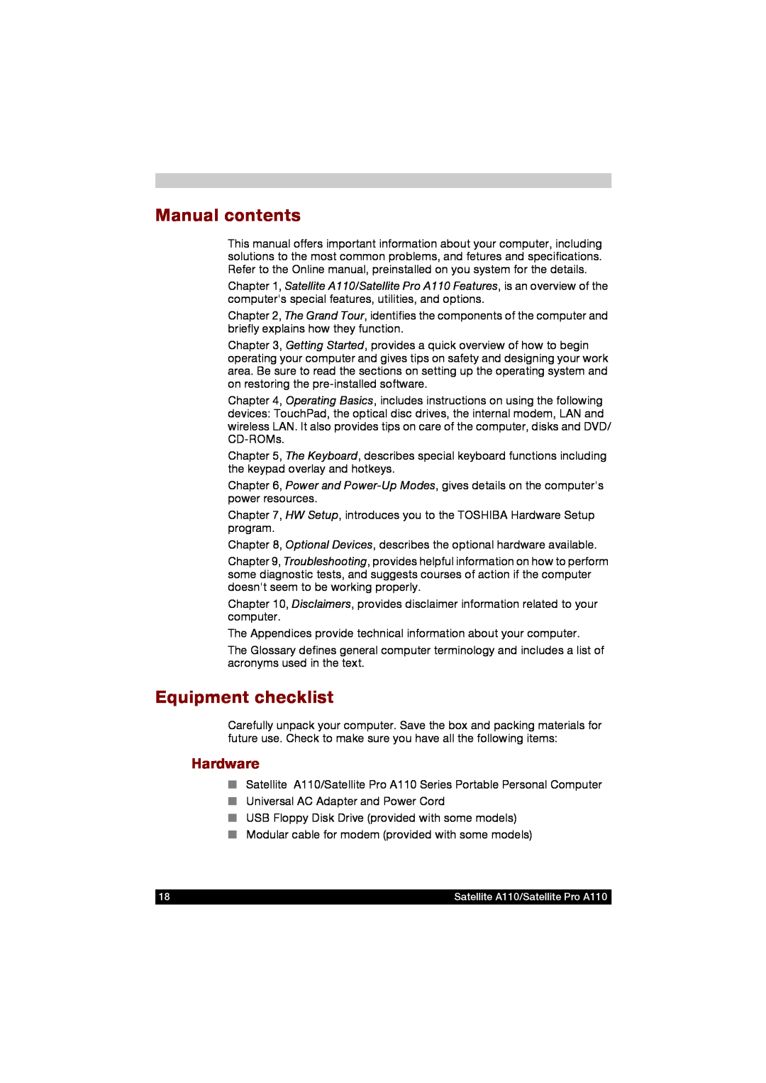 Toshiba A110 user manual Manual contents, Equipment checklist, Hardware 