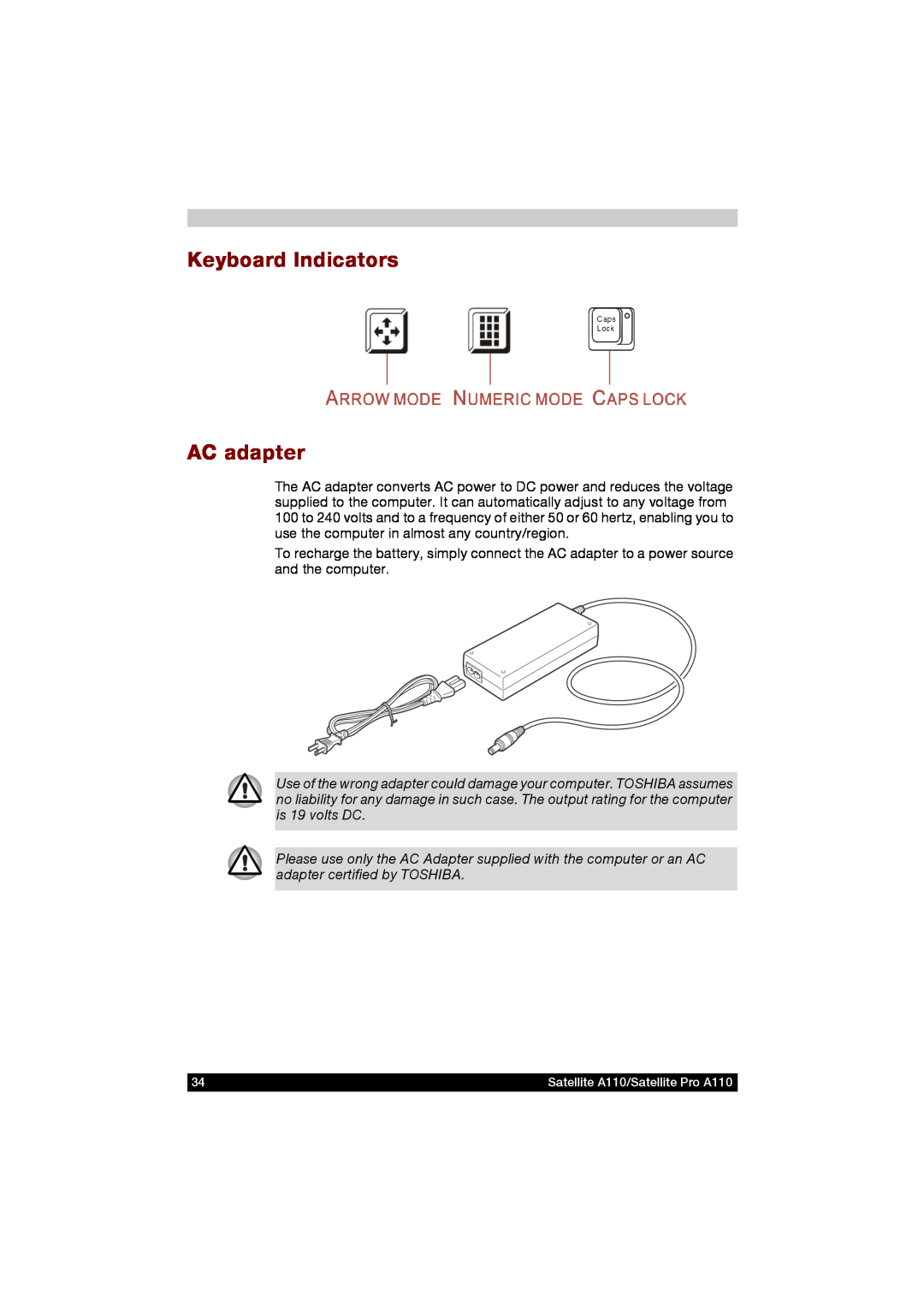 Toshiba A110 user manual Keyboard Indicators AC adapter 