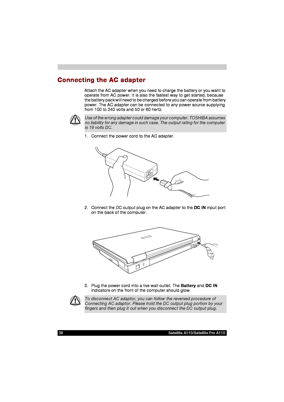 Toshiba A110 user manual Connecting the AC adapter 