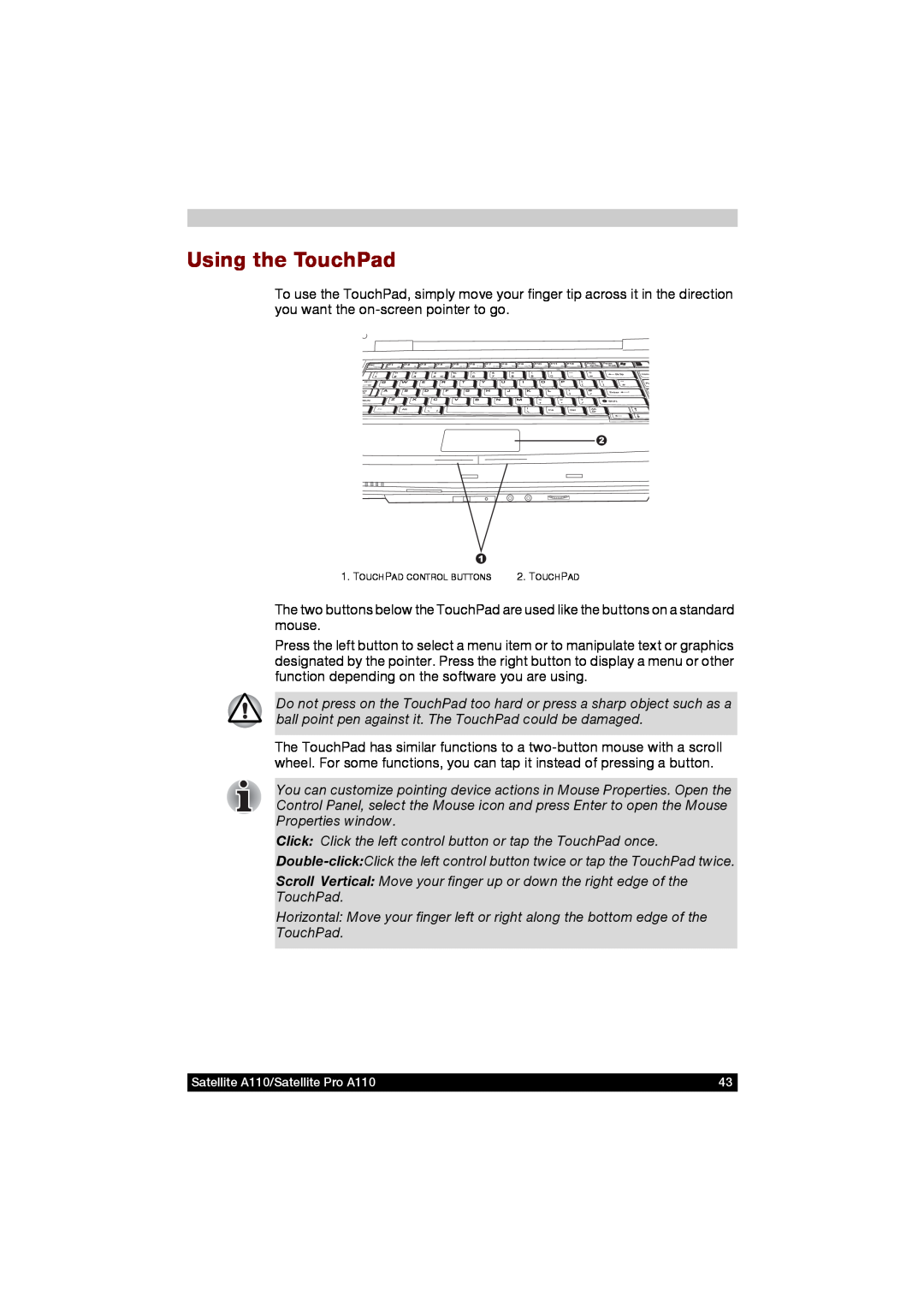 Toshiba A110 user manual Using the TouchPad 