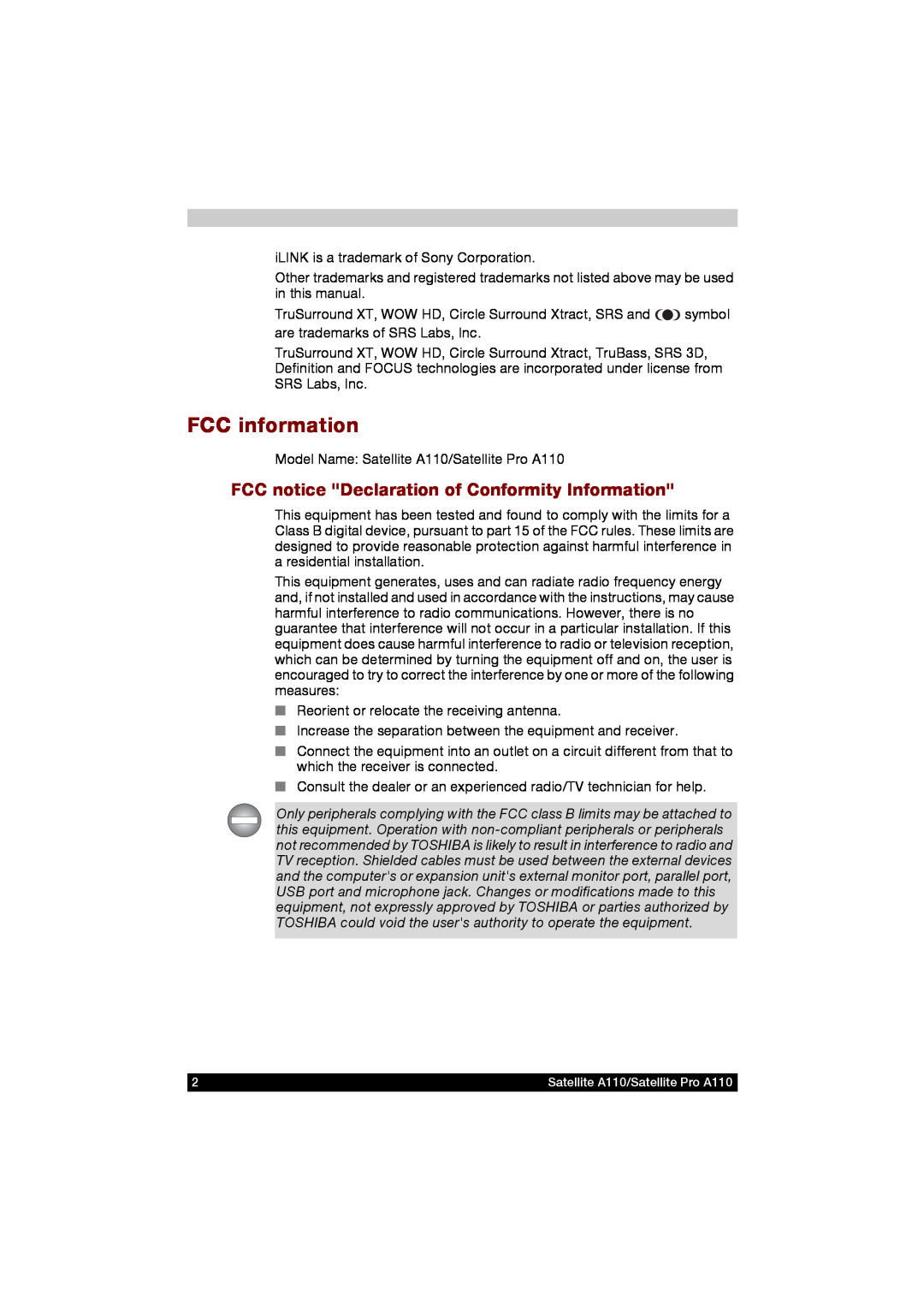 Toshiba A110 user manual FCC information, FCC notice Declaration of Conformity Information 