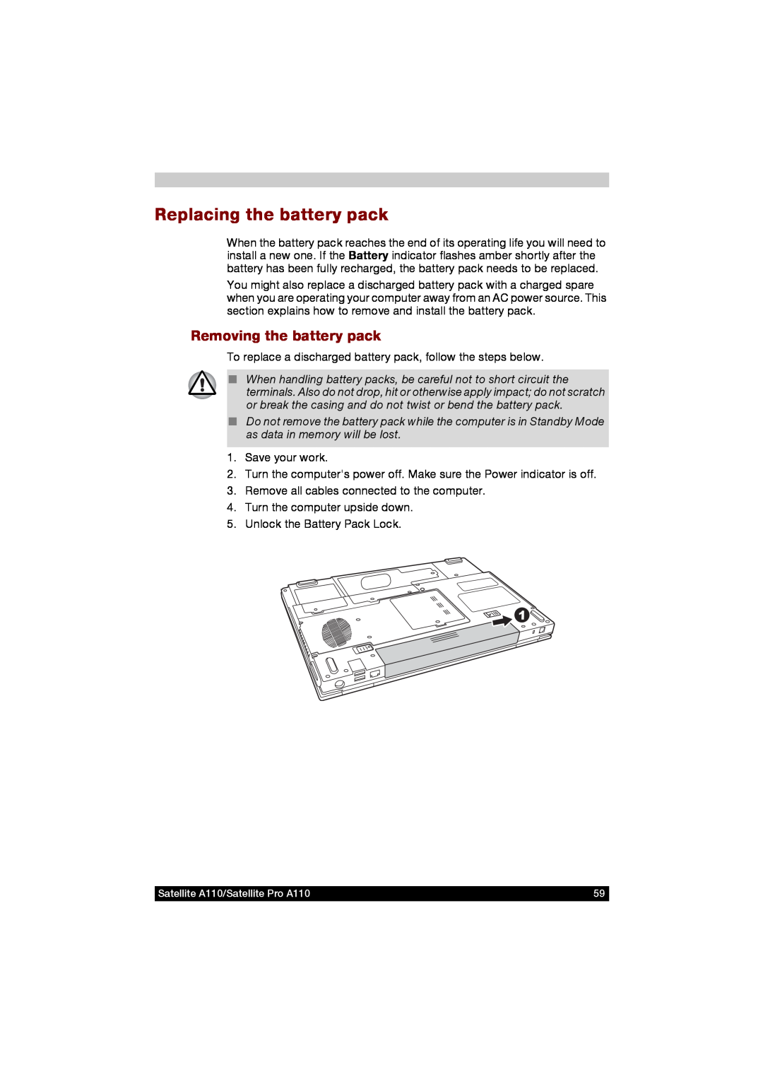 Toshiba A110 user manual Replacing the battery pack, Removing the battery pack 
