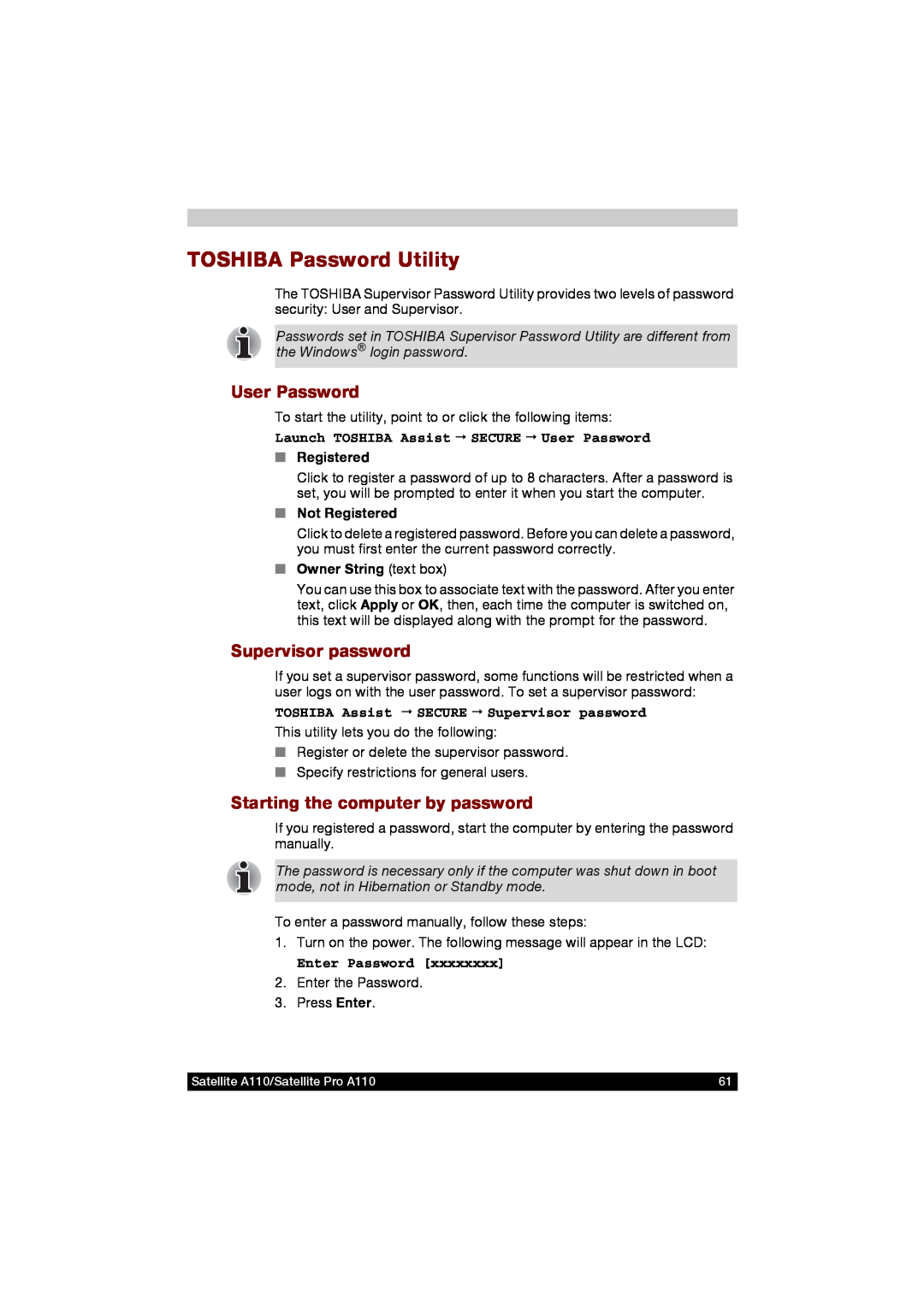 Toshiba A110 user manual TOSHIBA Password Utility, User Password, Supervisor password, Starting the computer by password 