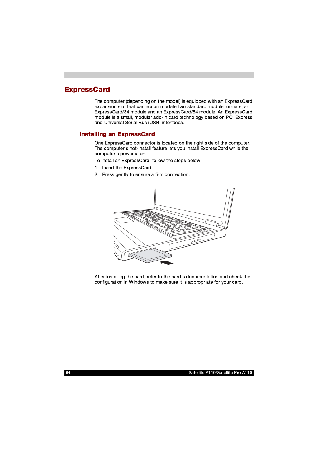 Toshiba A110 user manual Installing an ExpressCard 