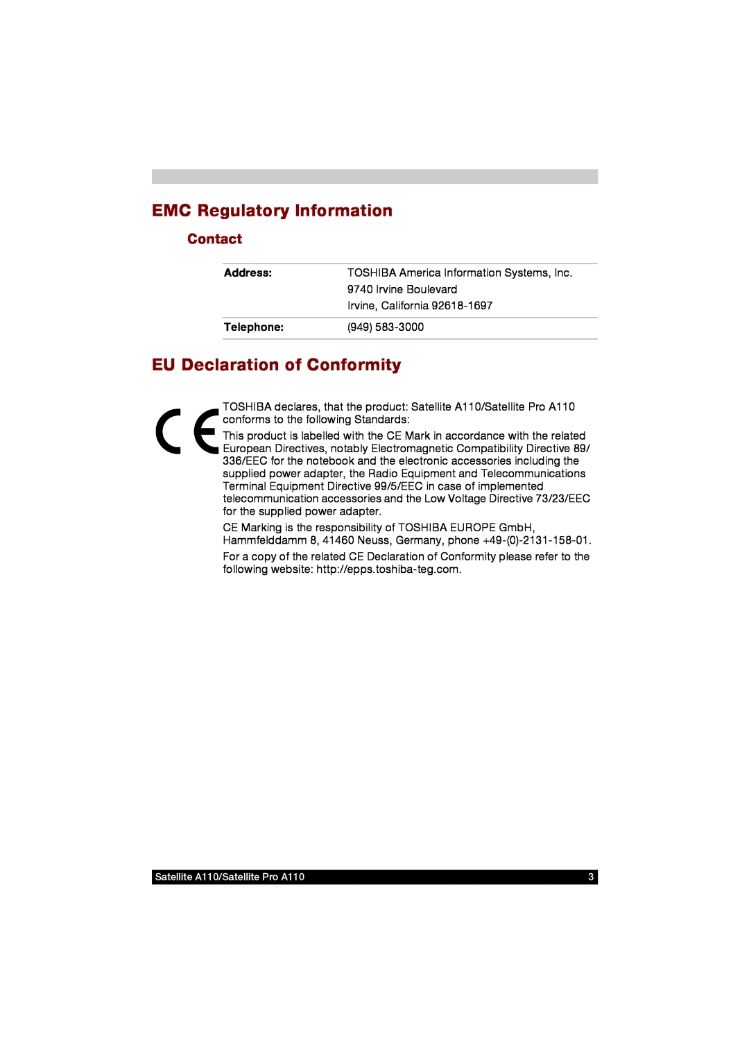 Toshiba A110 user manual EMC Regulatory Information, EU Declaration of Conformity, Contact 