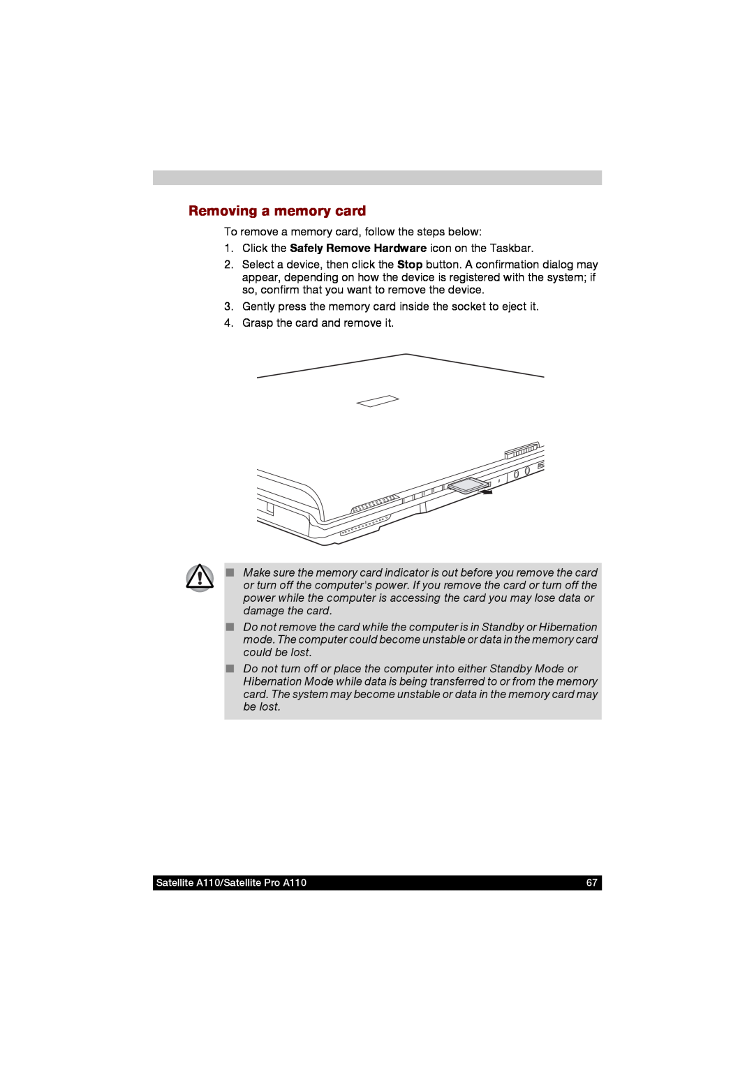Toshiba A110 user manual Removing a memory card 