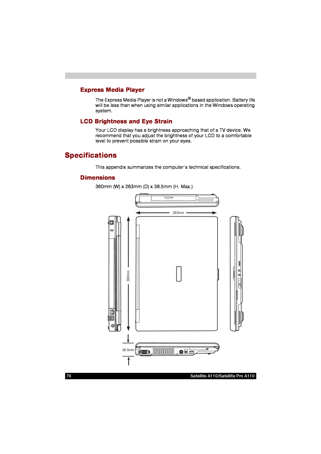 Toshiba A110 user manual Specifications, Express Media Player, LCD Brightness and Eye Strain, Dimensions 