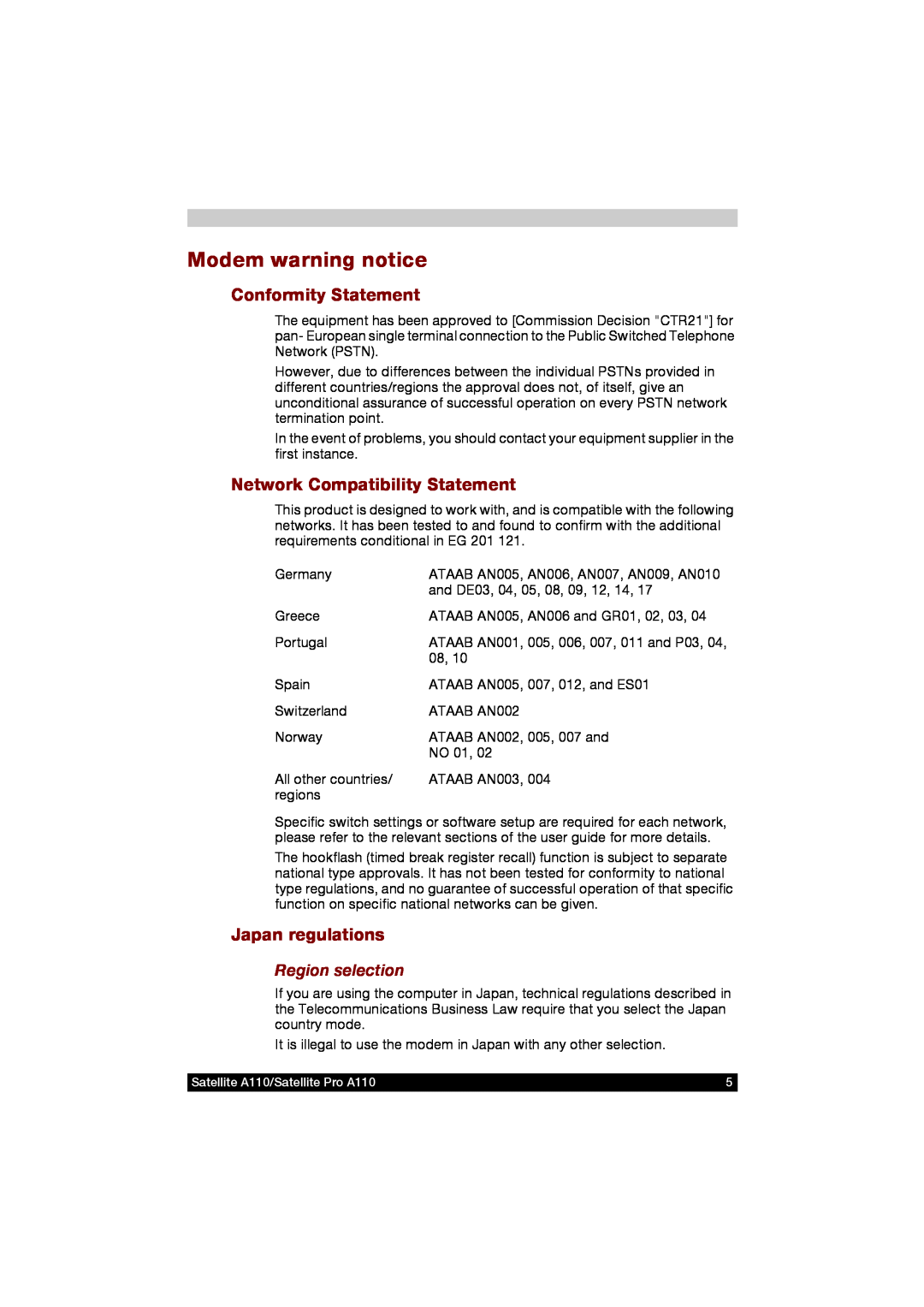 Toshiba A110 user manual Modem warning notice, Conformity Statement, Network Compatibility Statement, Japan regulations 