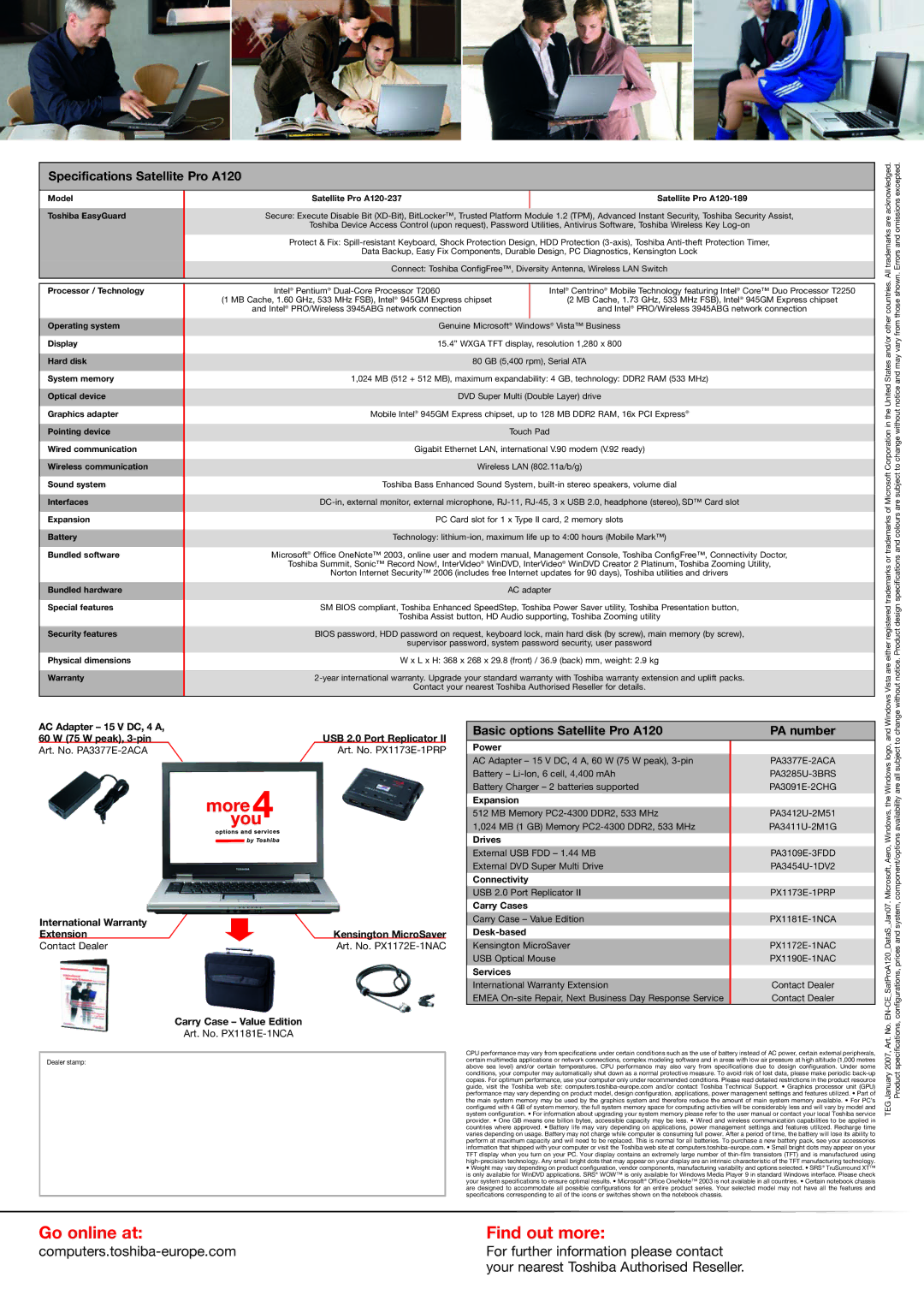 Toshiba A120 warranty USB 2.0 Port Replicator, Power, Expansion, Drives, Connectivity, Carry Cases, Desk-based, Services 