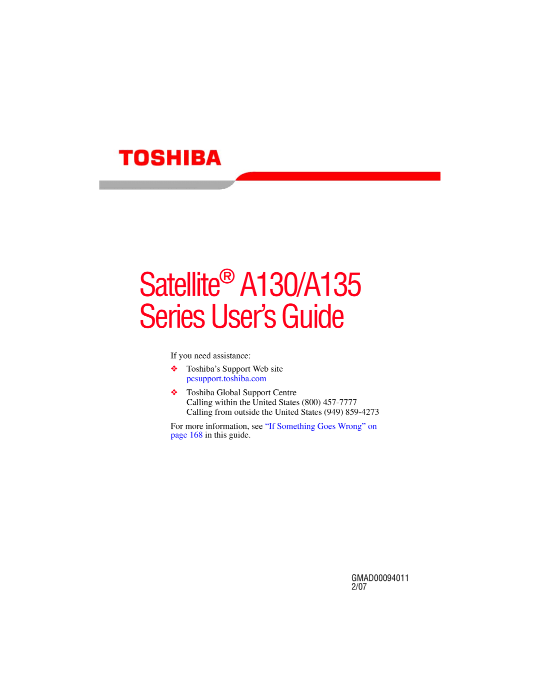 Toshiba manual Satellite A130/A135 Series User’s Guide, GMAD00094011 