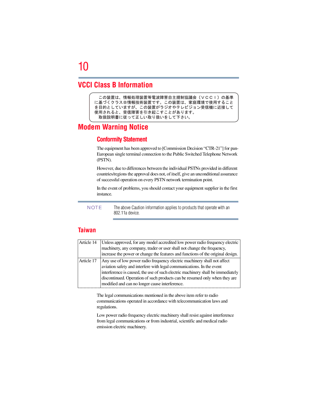 Toshiba A130, A135 manual Vcci Class B Information Modem Warning Notice, Conformity Statement, Taiwan 