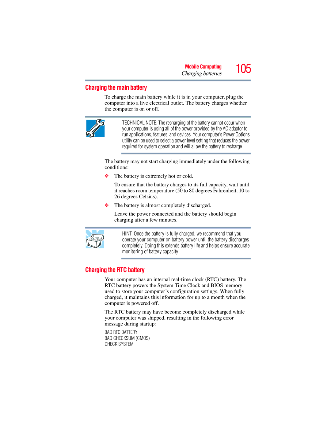 Toshiba A135, A130 manual 105, Charging the main battery, Charging the RTC battery 