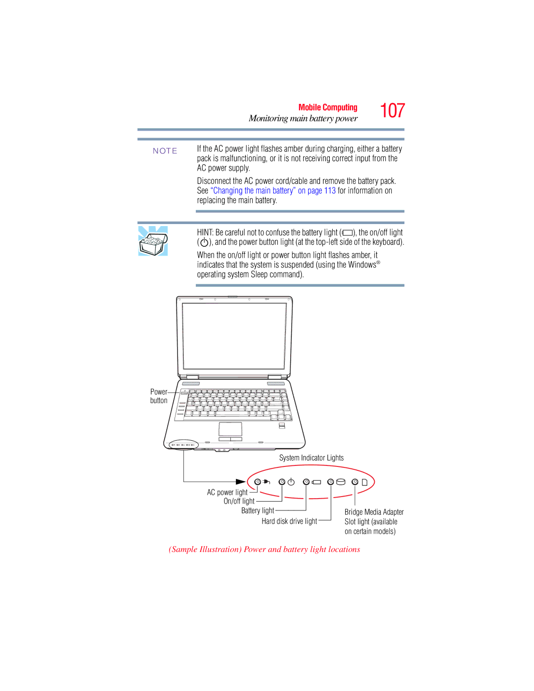 Toshiba A135, A130 manual 107, Sample Illustration Power and battery light locations 