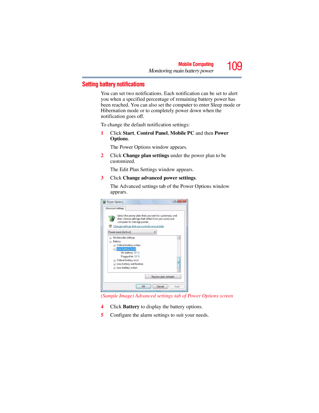 Toshiba A135, A130 manual 109, Setting battery notifications 