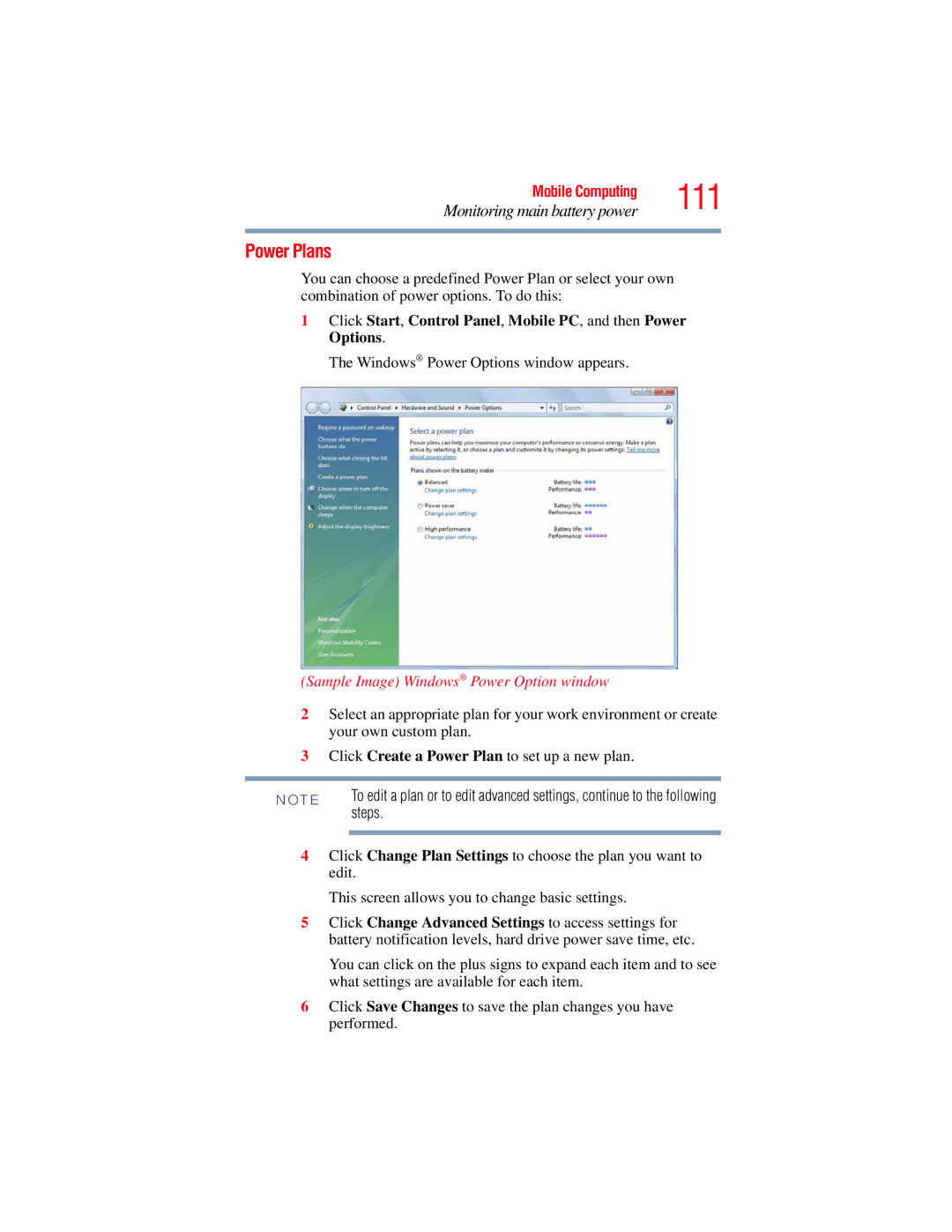 Toshiba A135, A130 manual 111, Power Plans, Sample Image Windows Power Option window, Steps 